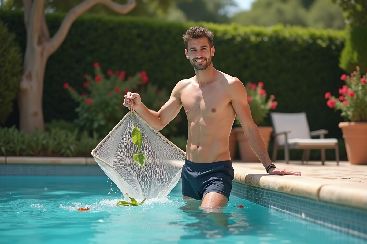 Jeune homme utilisant un filet pour enlever des feuilles dans la piscine