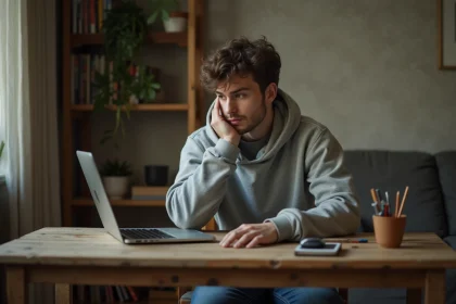 Jeune homme concentré sur un vieux laptop dans un salon cosy