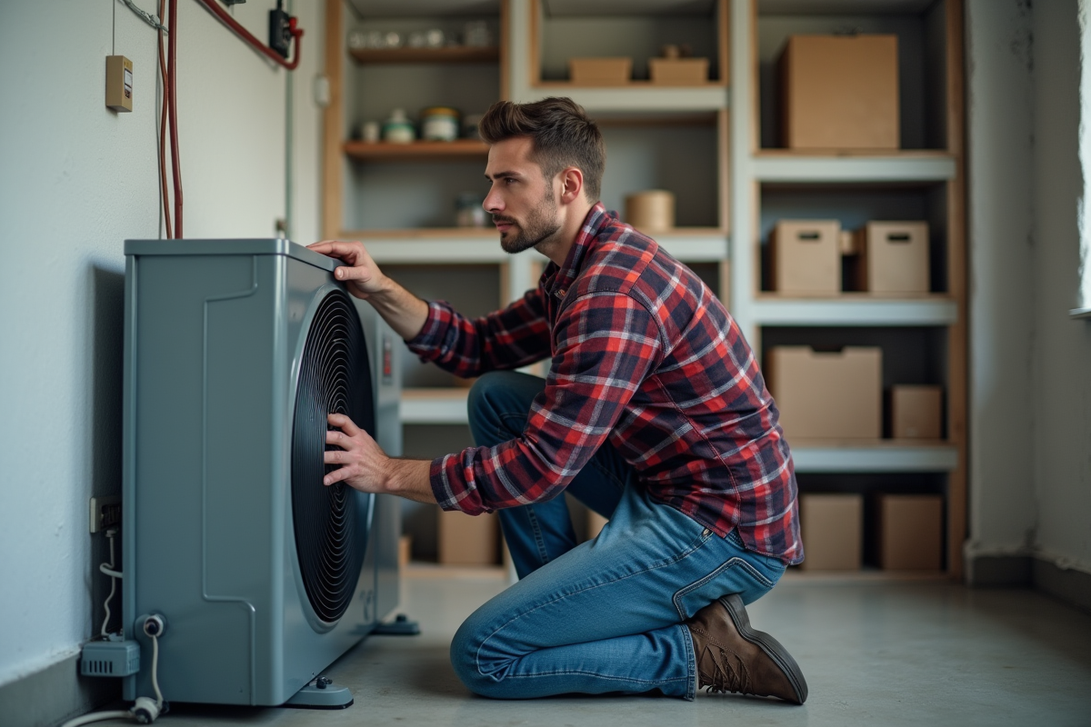 Jeune homme examinant une pompe à chaleur dans une buanderie organisée