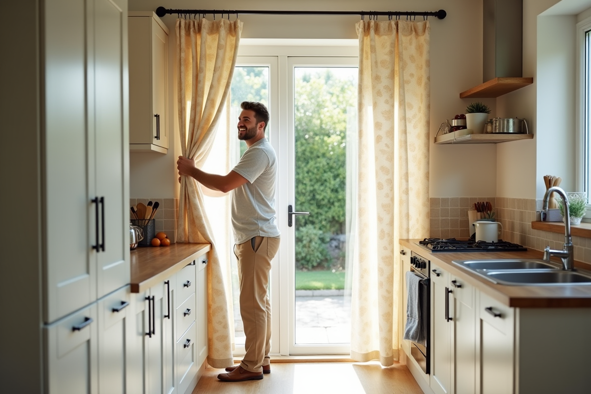 Jeune homme dans la cuisine remplaçant un rideau en coton