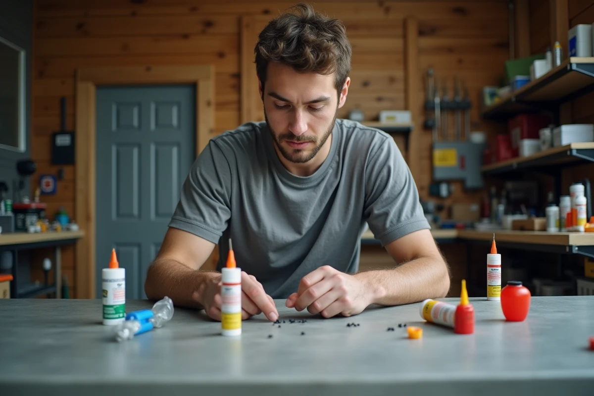 Jeune homme choisissant de la colle dans un garage