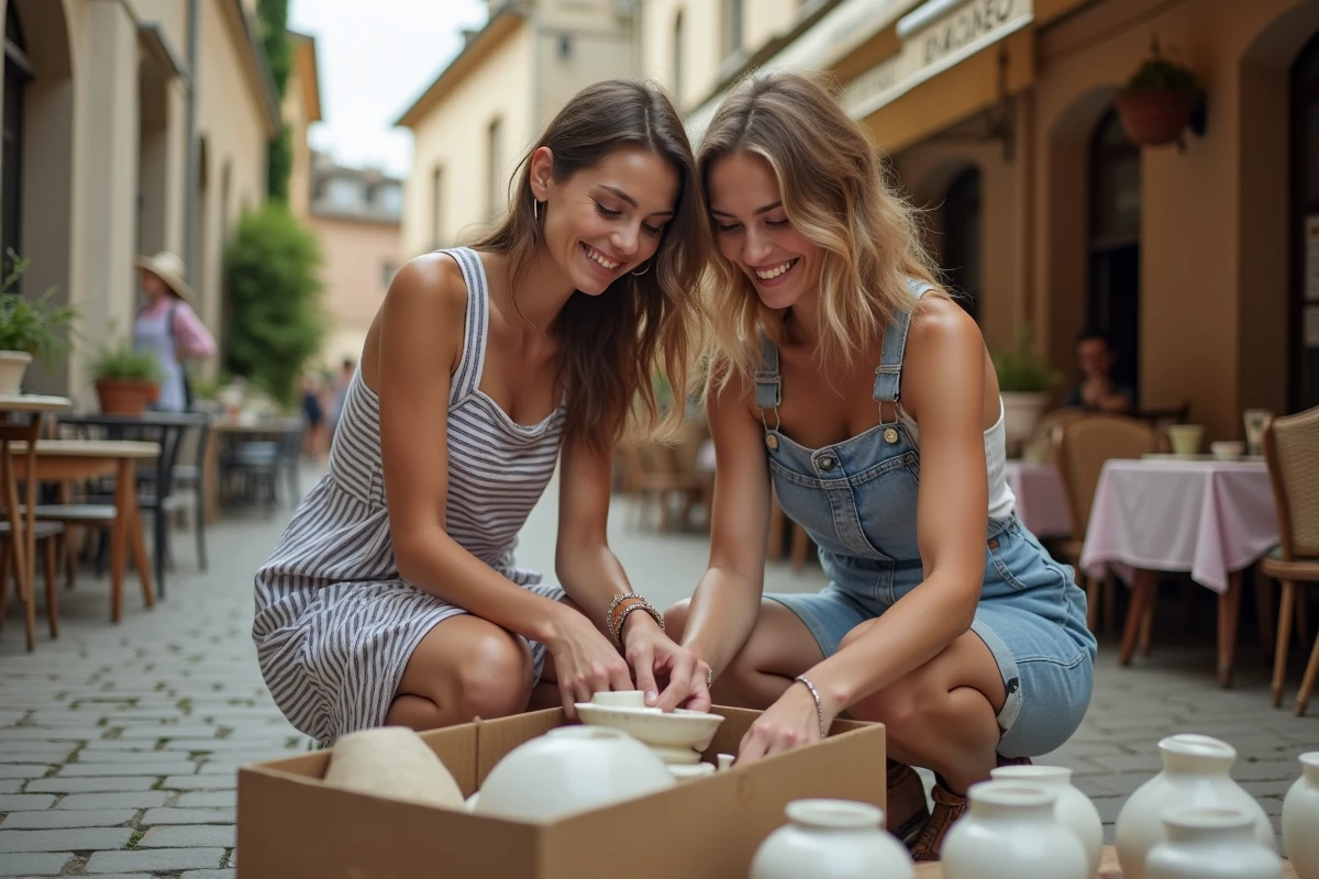 Deux jeunes femmes triant des céramiques vintage au marché