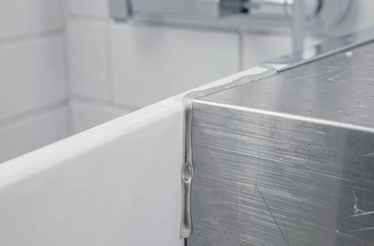 Gros plan sur le joint de colle transparente entre un panneau PVC blanc et une surface en acier brossé dans un contexte de rénovation cuisine ou salle de bain