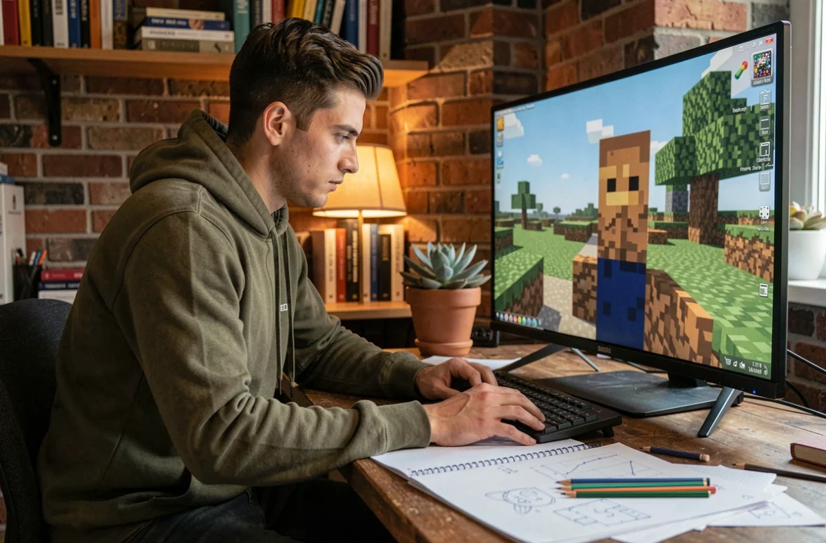 Joueur adulte travaillant sur un design de lit en bois dans Minecraft, assis à un bureau en bois avec des croquis sur papier quadrillé