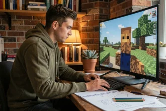 Joueur adulte travaillant sur un design de lit en bois dans Minecraft, assis à un bureau en bois avec des croquis sur papier quadrillé
