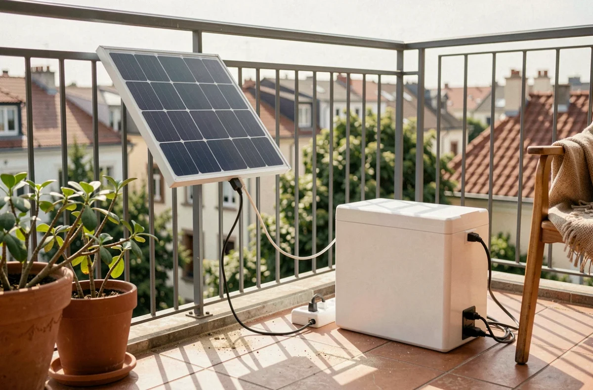 Kit panneau solaire plug and play avec batterie installé sur un balcon d'appartement en ville