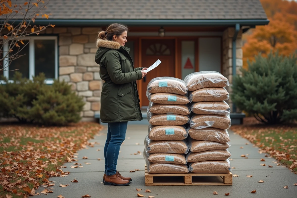Femme vérifiant sa facture de livraison de pellets de bois à domicile en automne