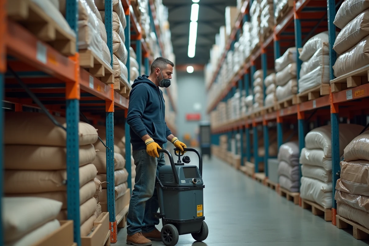 Particulier louant une souffleuse à ouate de cellulose dans un magasin de bricolage type Brico Dépôt