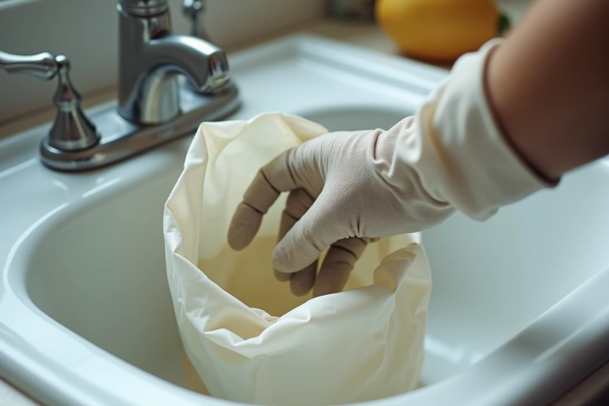 Main gantée tenant un sac poubelle avec un maggot visible