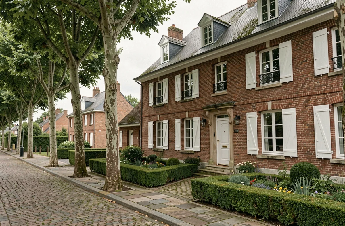 Maison picarde traditionnelle en briques rouges avec toit en ardoise et jardin soigné dans une rue résidentielle du nord de la France