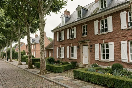 Maison picarde traditionnelle en briques rouges avec toit en ardoise et jardin soigné dans une rue résidentielle du nord de la France