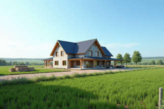 Maison neuve en campagne avec panneaux de construction