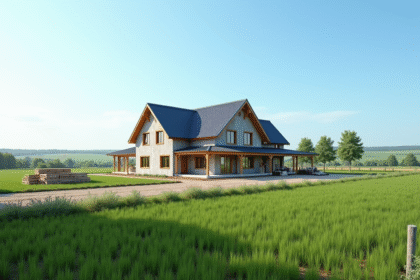 Maison neuve en campagne avec panneaux de construction