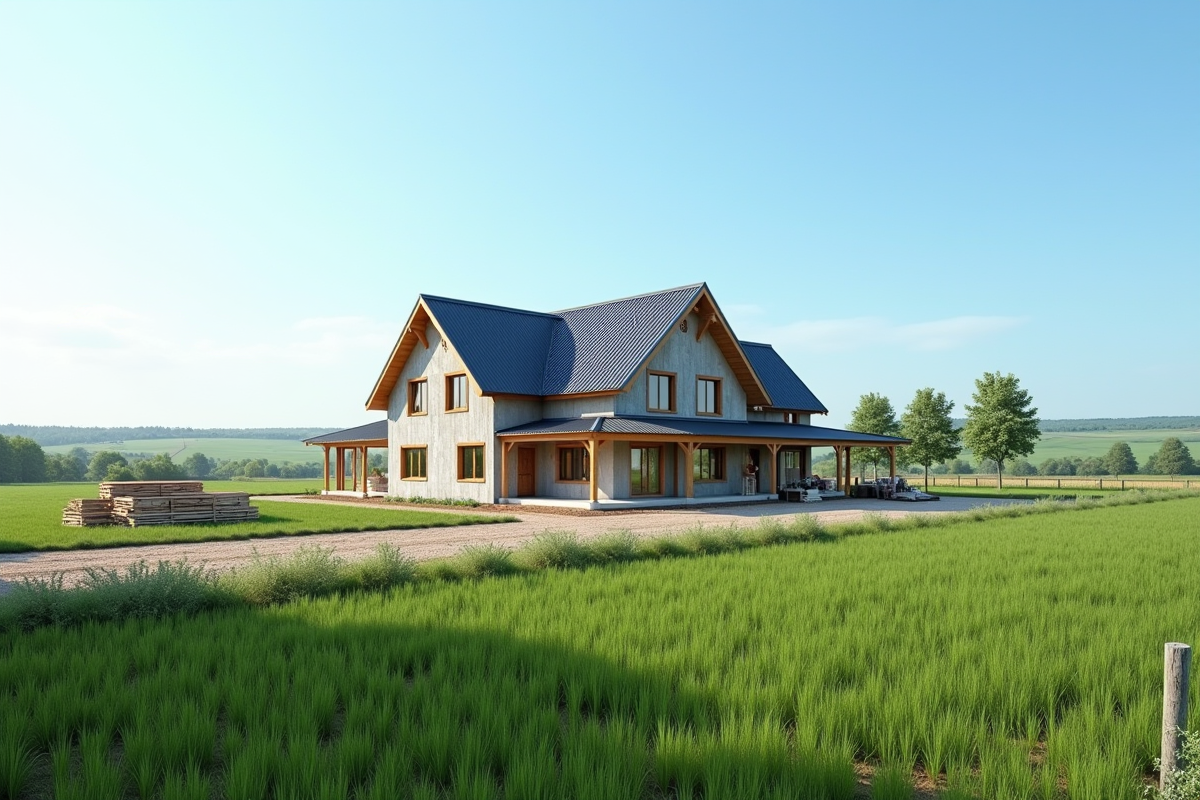 Maison neuve en campagne avec panneaux de construction