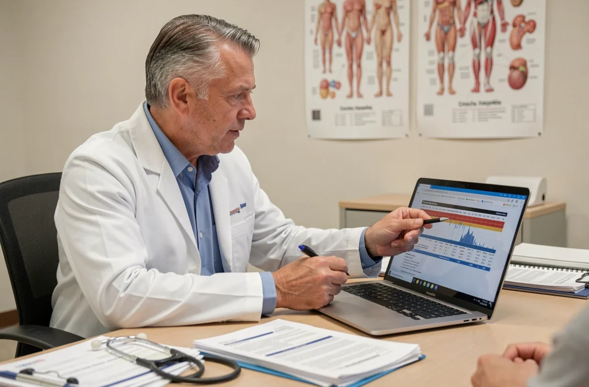 Médecin expliquant la composition d'un médicament sur un écran d'ordinateur lors d'une consultation médicale