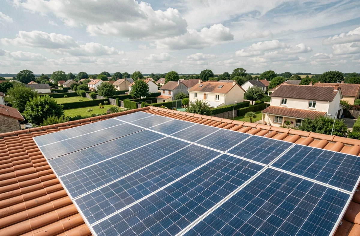 Vue grand angle de panneaux solaires installés sur des toits résidentiels en Essonne, illustrant le classement des meilleurs installateurs solaires du département
