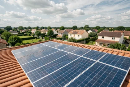 Vue grand angle de panneaux solaires installés sur des toits résidentiels en Essonne, illustrant le classement des meilleurs installateurs solaires du département