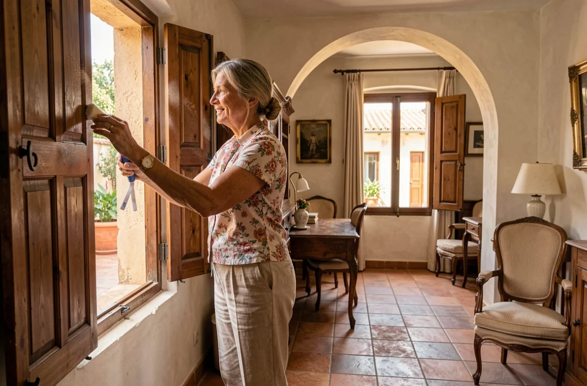 Femme faisant le ménage des volets dans une maison traditionnelle de Perpignan