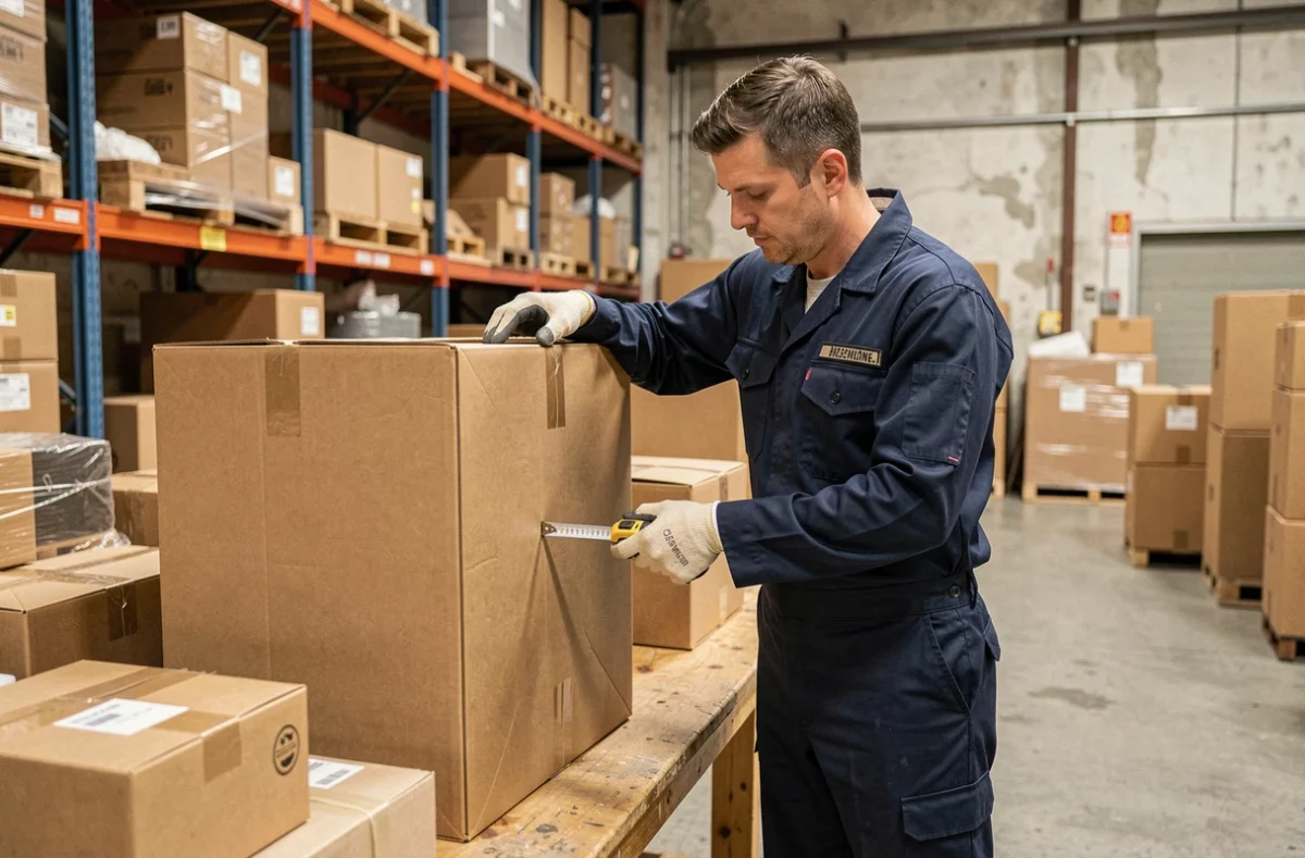 Employé d'entrepôt mesurant les dimensions d'un carton pour optimiser l'emballage et réduire les coûts de transport