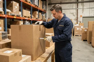Employé d'entrepôt mesurant les dimensions d'un carton pour optimiser l'emballage et réduire les coûts de transport