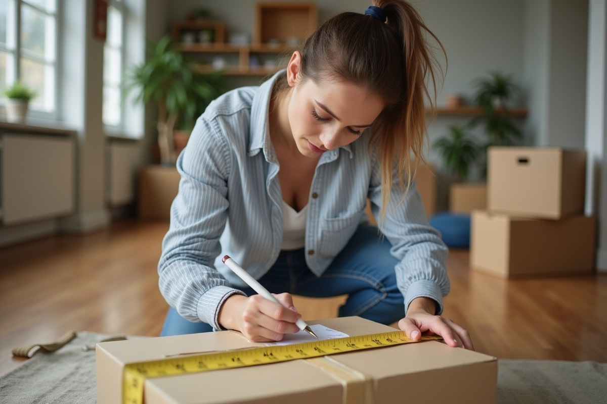Jeune femme mesurant une boîte en carton avec un mètre