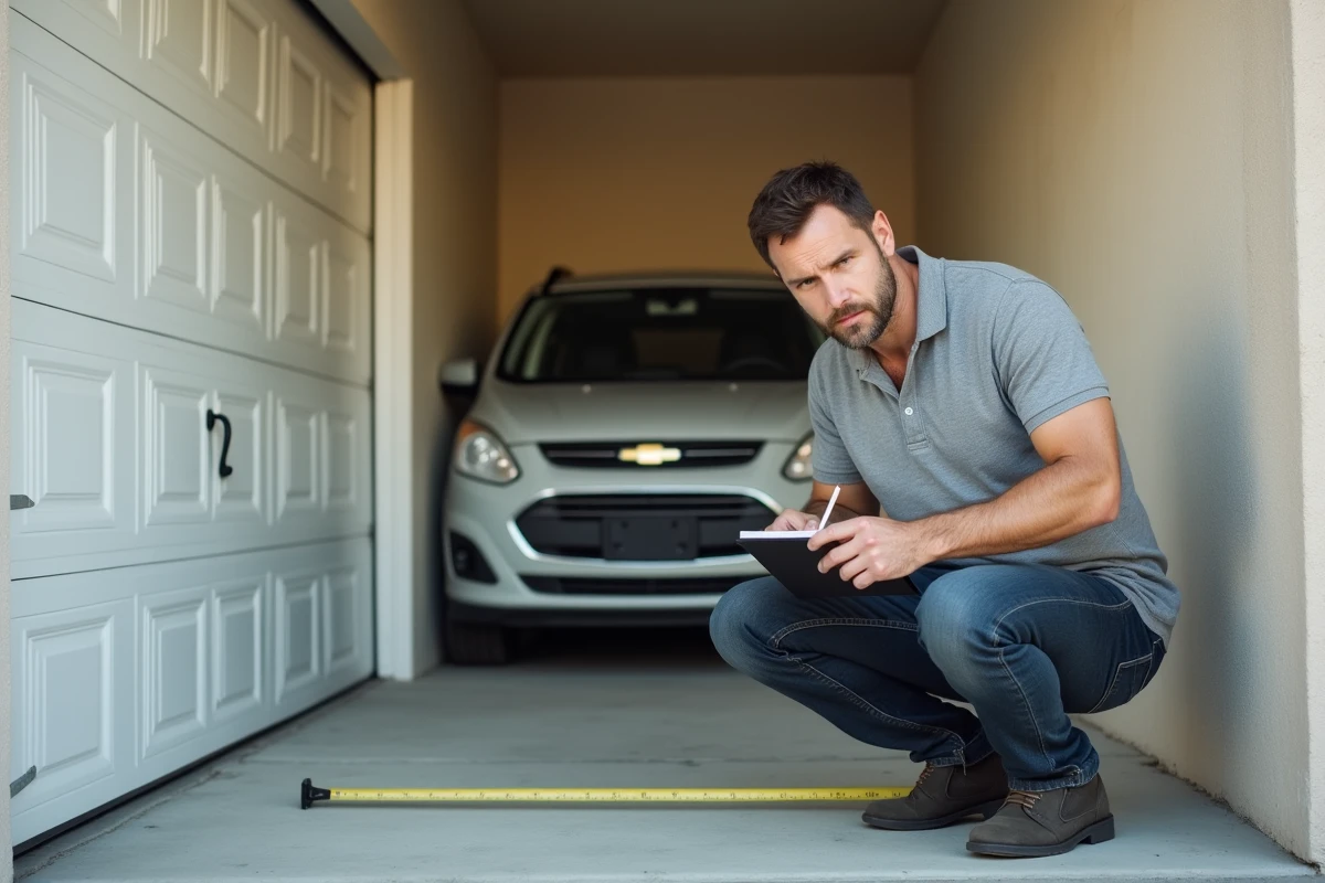 Homme mesurant la largeur d'une porte de garage standard avec un mètre ruban devant un garage résidentiel
