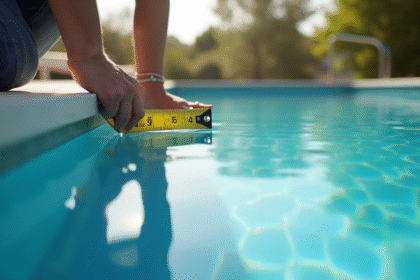 Personne mesurant la longueur d'une piscine extérieure moderne