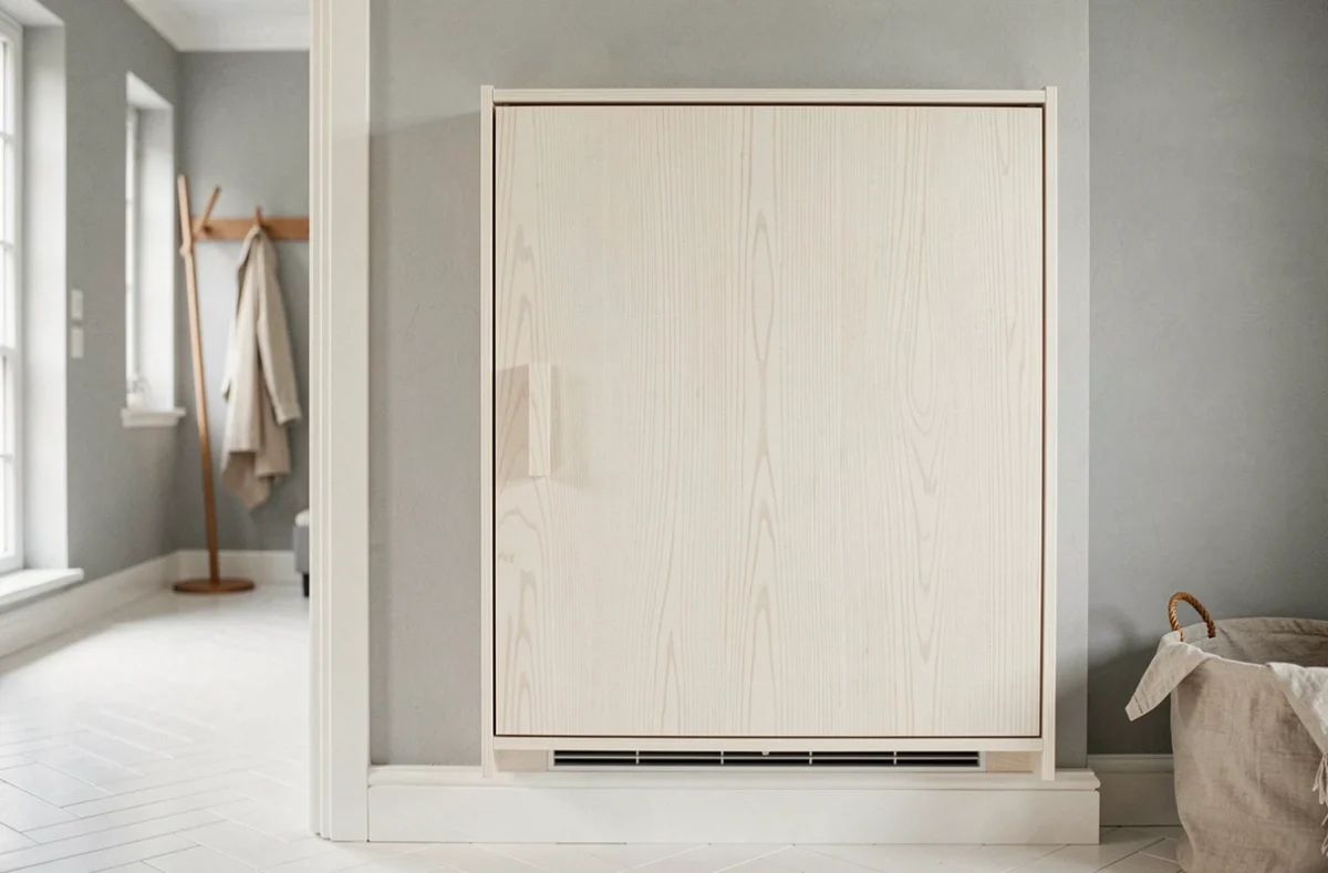 Meuble cache compteur électrique en chêne blanc style scandinave dans une entrée avec carrelage en chevrons et murs gris clair