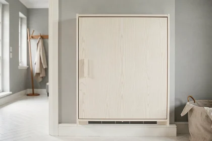 Meuble cache compteur électrique en chêne blanc style scandinave dans une entrée avec carrelage en chevrons et murs gris clair
