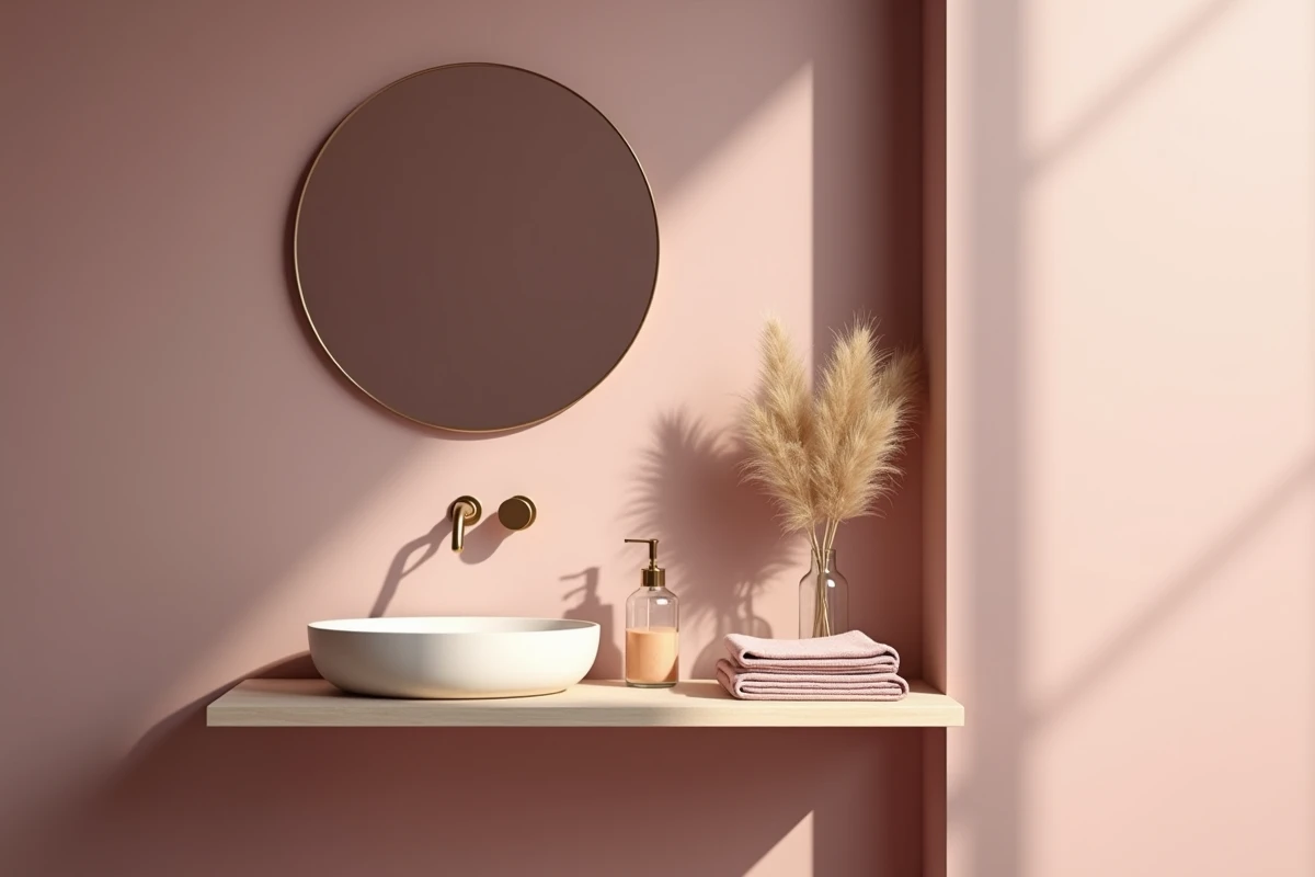 Détail de meuble vasque en salle de bain rose mauve avec miroir laiton et accessoires naturels
