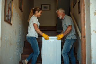 Couple en jeans portant une laveuse dans un escalier ancien