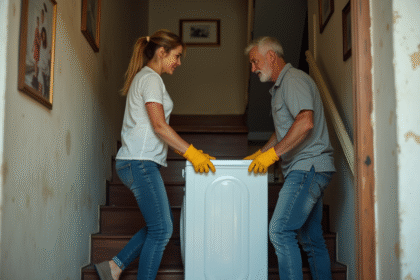 Couple en jeans portant une laveuse dans un escalier ancien