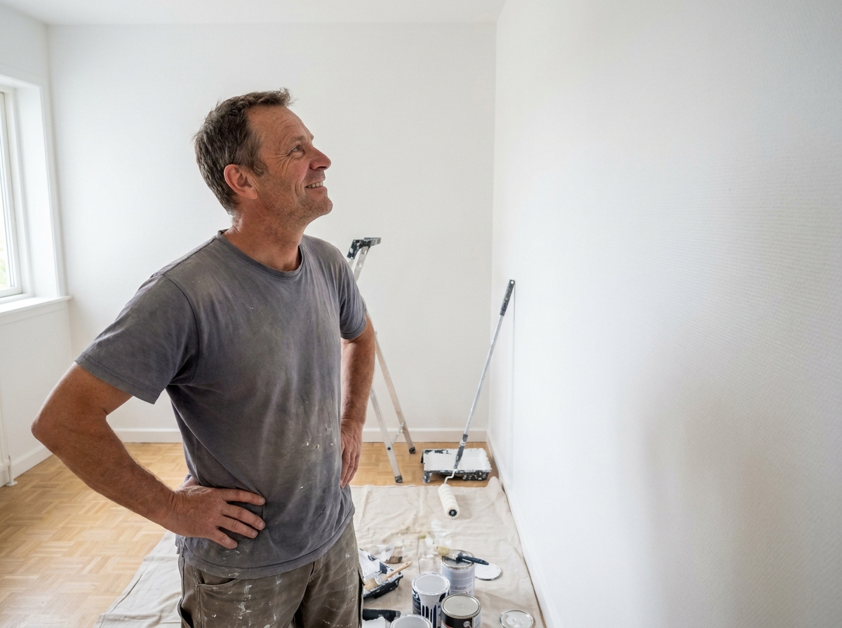 Homme inspectant un mur rénové avec une toile à peindre après application de la peinture blanche finale