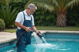 Homme en overalls nettoyant un filtre de piscine extérieur