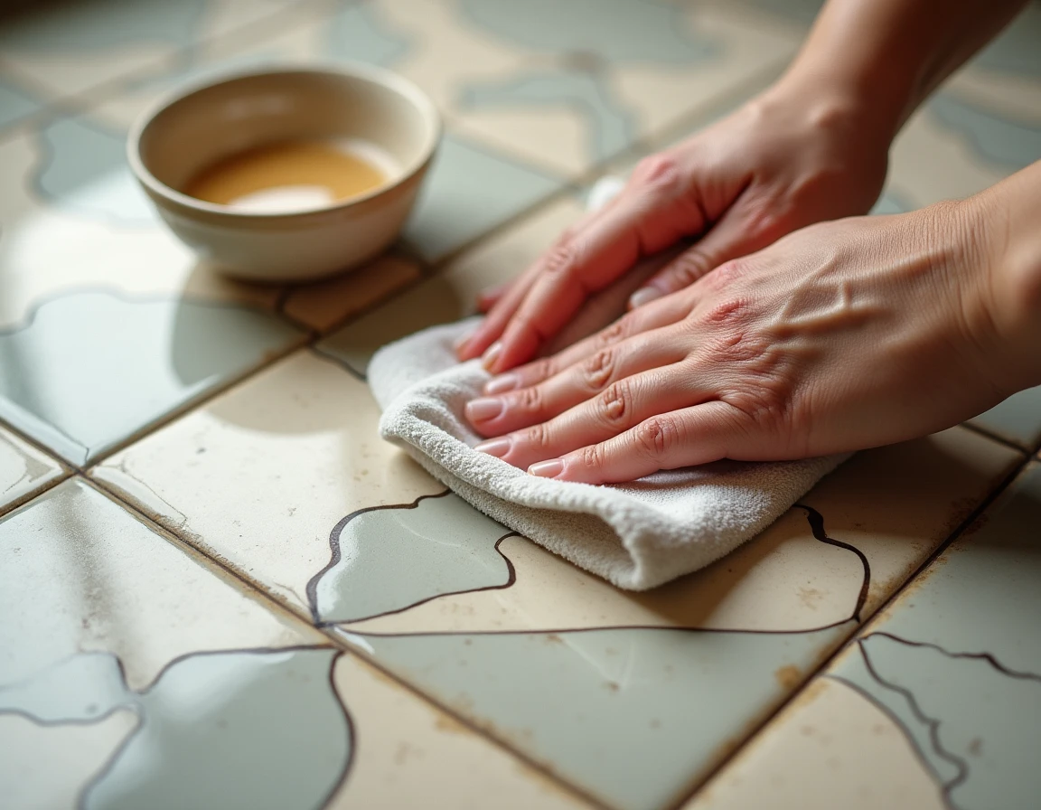Gros plan sur des mains nettoyant un sol en lino sans traces avec un chiffon humide et un mélange naturel maison