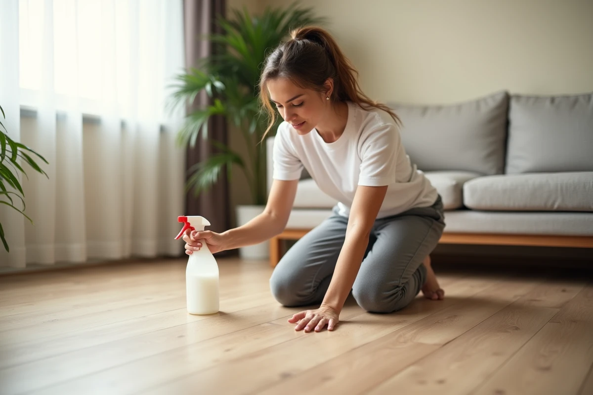 Femme nettoyant un parquet stratifié avec un produit pas cher en spray dans un salon moderne