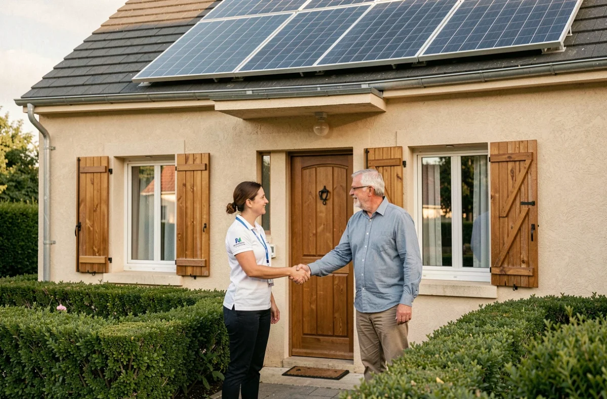 Coordinatrice de NHC ENERGIE remettant une installation solaire terminée à un propriétaire en Essonne