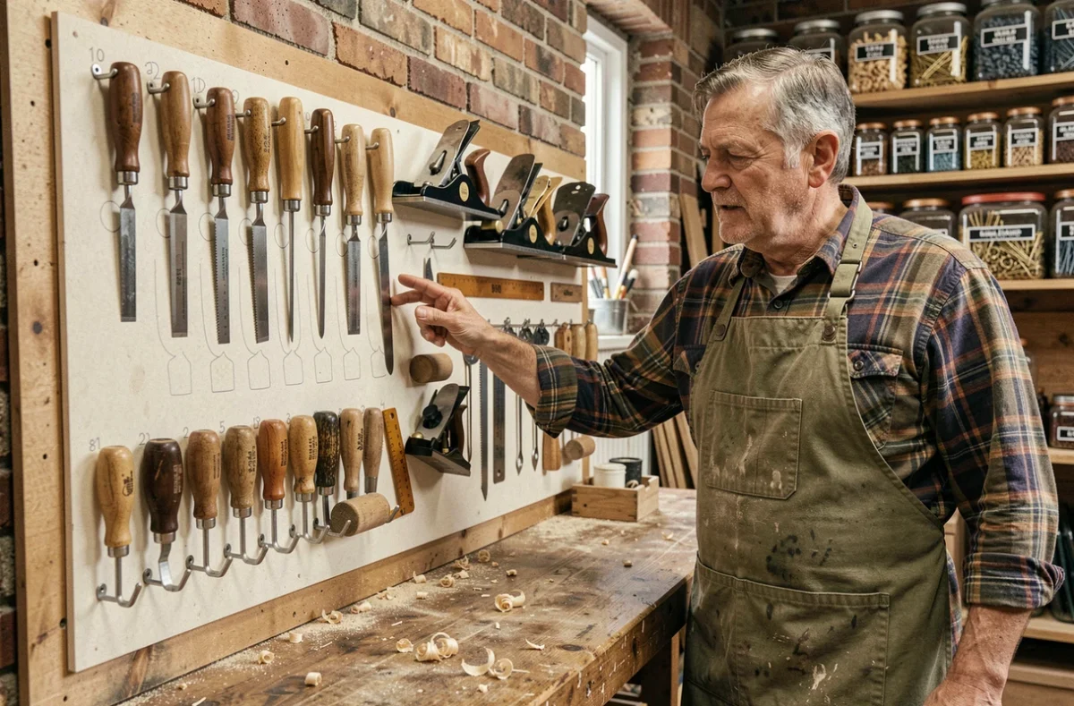 Menuisier expérimenté organisant ses outils à mains sur un panneau perforé mural dans un atelier de menuiserie traditionnel