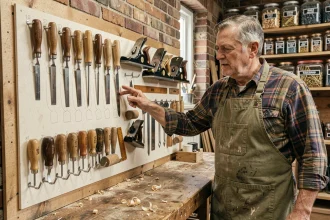 Menuisier expérimenté organisant ses outils à mains sur un panneau perforé mural dans un atelier de menuiserie traditionnel
