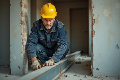 Ouvrier mesurant une poutre en fer IPN pour la pose d'un porteur dans un chantier de rénovation intérieure