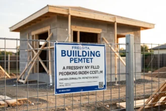 Panneau d'affichage d'un permis de construire fixé sur la clôture d'un chantier de maison