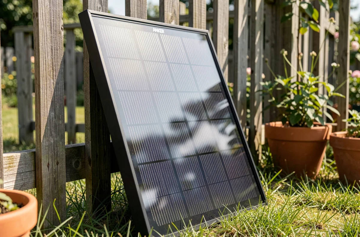 Panneau solaire Anker portable posé contre une clôture en bois dans un jardin, vue en légère plongée mettant en valeur la surface monocristalline