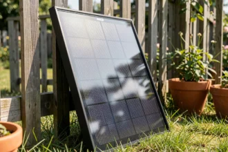 Panneau solaire Anker portable posé contre une clôture en bois dans un jardin, vue en légère plongée mettant en valeur la surface monocristalline