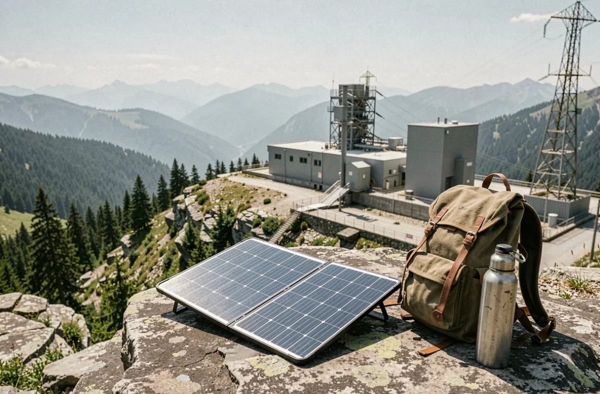 Panneau solaire Anker déplié sur un plateau rocheux en montagne lors d'une randonnée, à côté d'une station d'énergie portable et d'un sac de randonnée