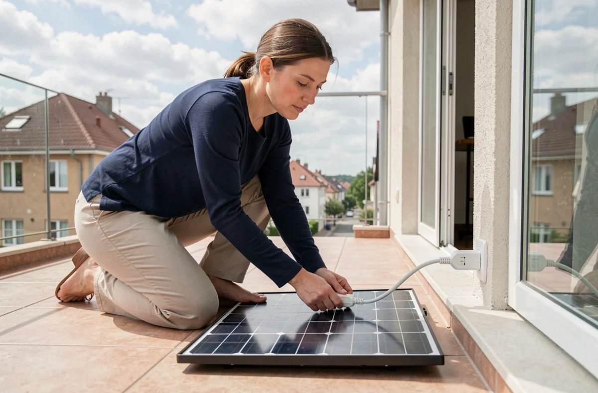 Femme branchant un panneau solaire portable sur une prise de balcon avec un adaptateur MC4 en sécurité