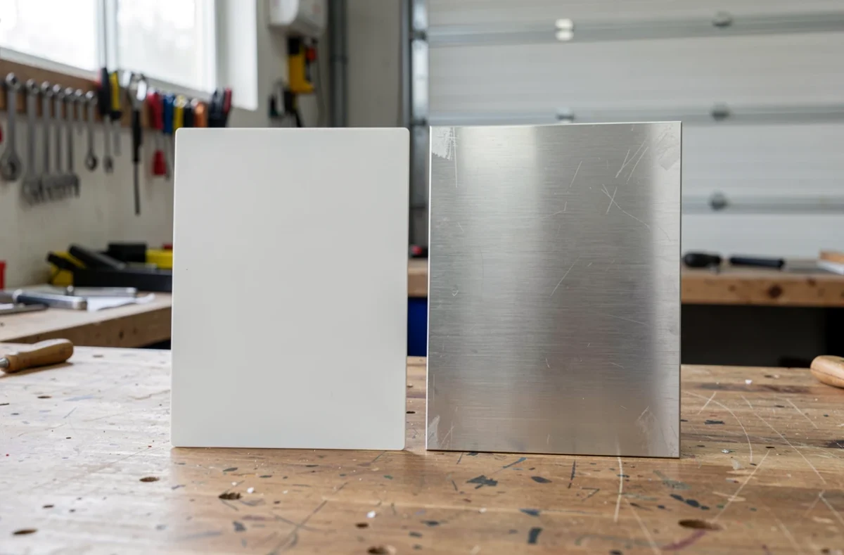 Panneaux de chantier vierges en plastique et en aluminium posés côte à côte
