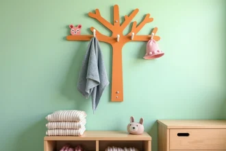 Patère murale originale en bois en forme d'arbre avec crochets animaux dans une chambre d'enfant aux murs vert pastel