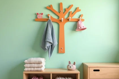 Patère murale originale en bois en forme d'arbre avec crochets animaux dans une chambre d'enfant aux murs vert pastel