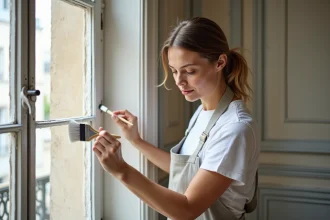 Femme appliquant de la peinture blanche sur une boiserie en bois sans poncer dans un appartement parisien