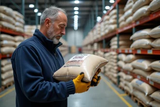 Homme examinant des sacs de pellets de bois en magasin grande surface type Leclerc en 2026